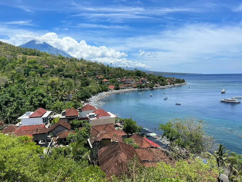 Coastal fishing village and Mount Agung volcano view in Amed, Karangasem East Bali digital detox retreat destination